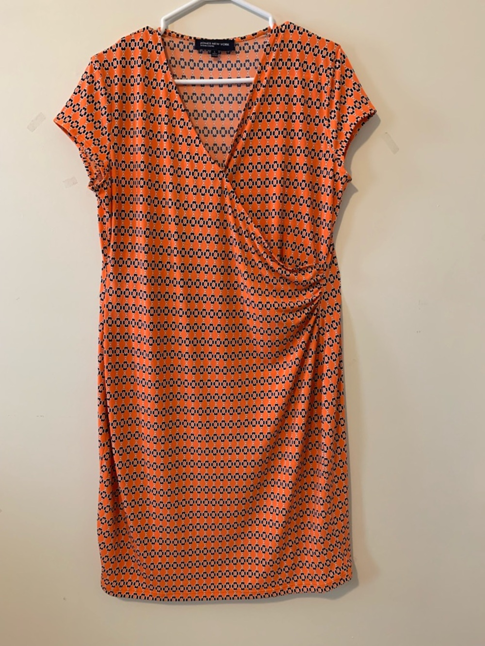 Jones New York Orange Printed Faux-Wrap Midi Dress